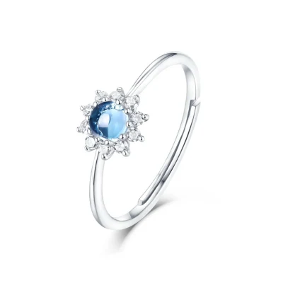 Bagues réglables en topaze bleue ronde fleur pour femmes, bague de fiançailles de mariage en argent Sterling 925, bijoux en Zircon